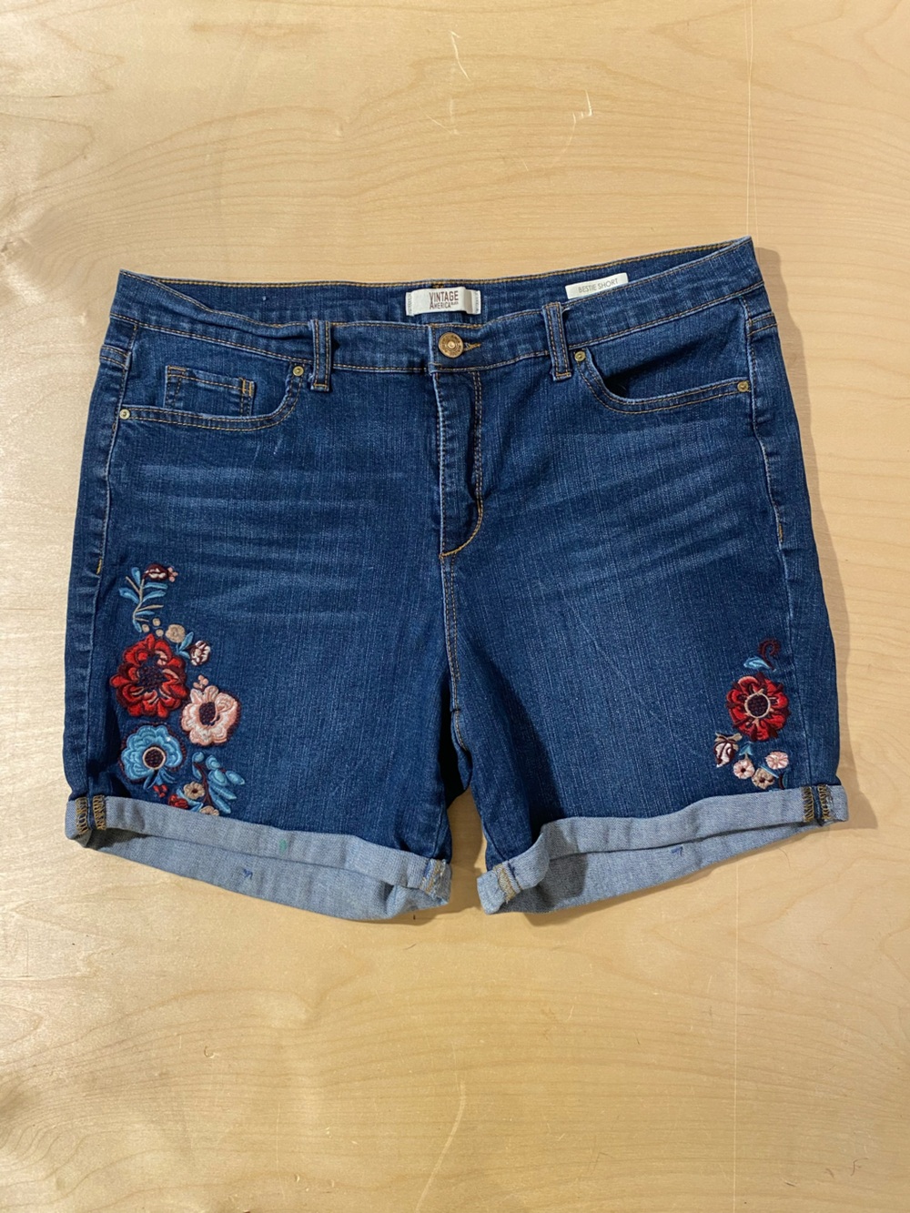Vintage America Dark Blue Denim Shorts with Floral Embroidery 12 (SZ)